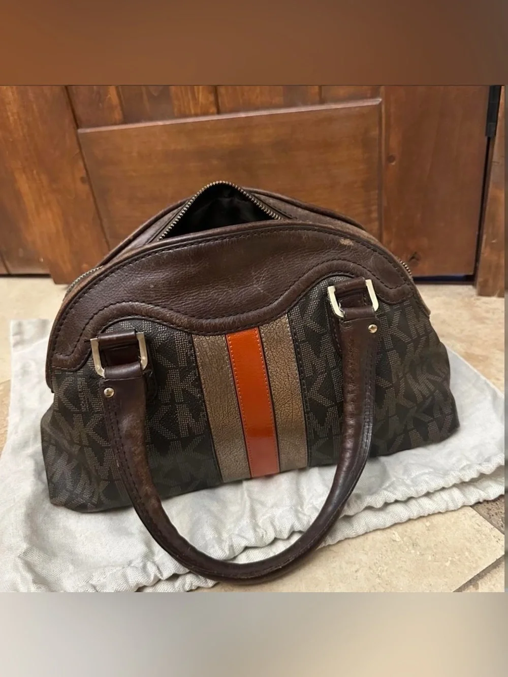 Vintage Michael Kors Brown and Beige MK Logo Satchel Purse with Gold Logo